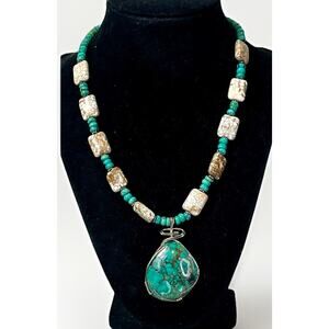 VTG Native American Sterling 925 Chunky Turquoise Agate Bead Statement Necklace